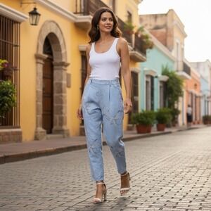 Zara Size Medium Blue Floral Embroidery High Rise Ankle Pleated Pants NWOT